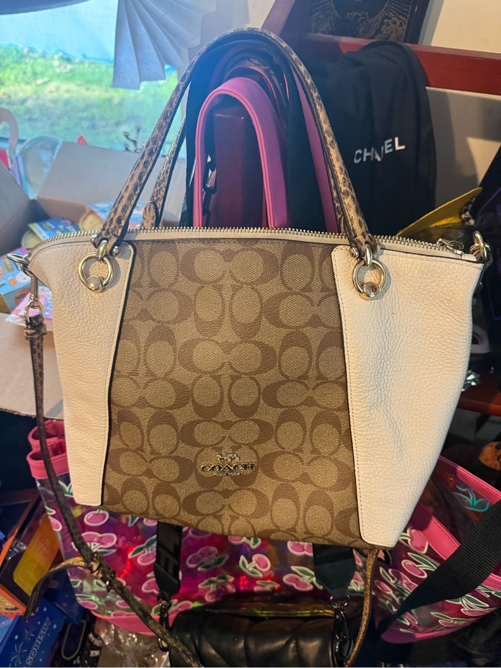 Coach Brown Signature Canvas Tote with White Trim coach Kasey satchel